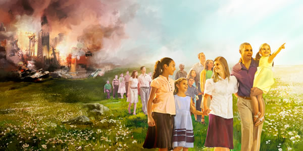 Armageddon survivors are safely past the destruction, smoke billowing in the distance