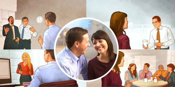 1. A happy couple laughs together; 2. The same couple facing temptations during work hours and avoiding unnecessary association with non-Witness workmates