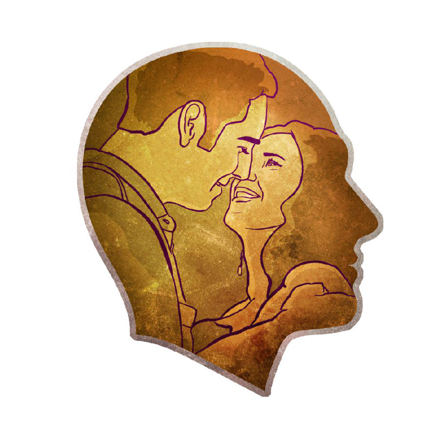 A man daydreams about kissing a woman