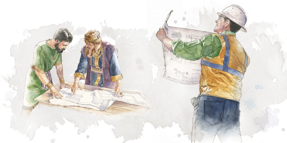 King David shows a man the architectural plans for the temple; a brother looks at construction plans