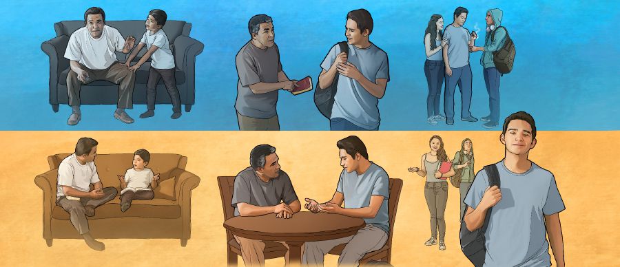 A father fails to put forth effort and his son wavers; a father puts forth effort and his son stands up to peer pressure