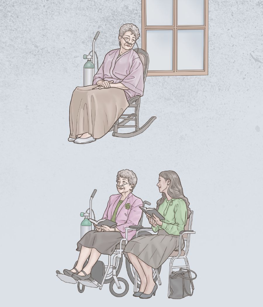 A sister, on oxygen, sits alone, but later attends a meeting with a younger sister