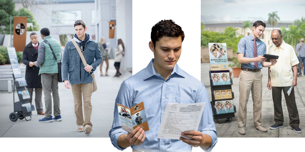 A young brother holds an application for full-time service in one hand and a pamphlet from a university in the other