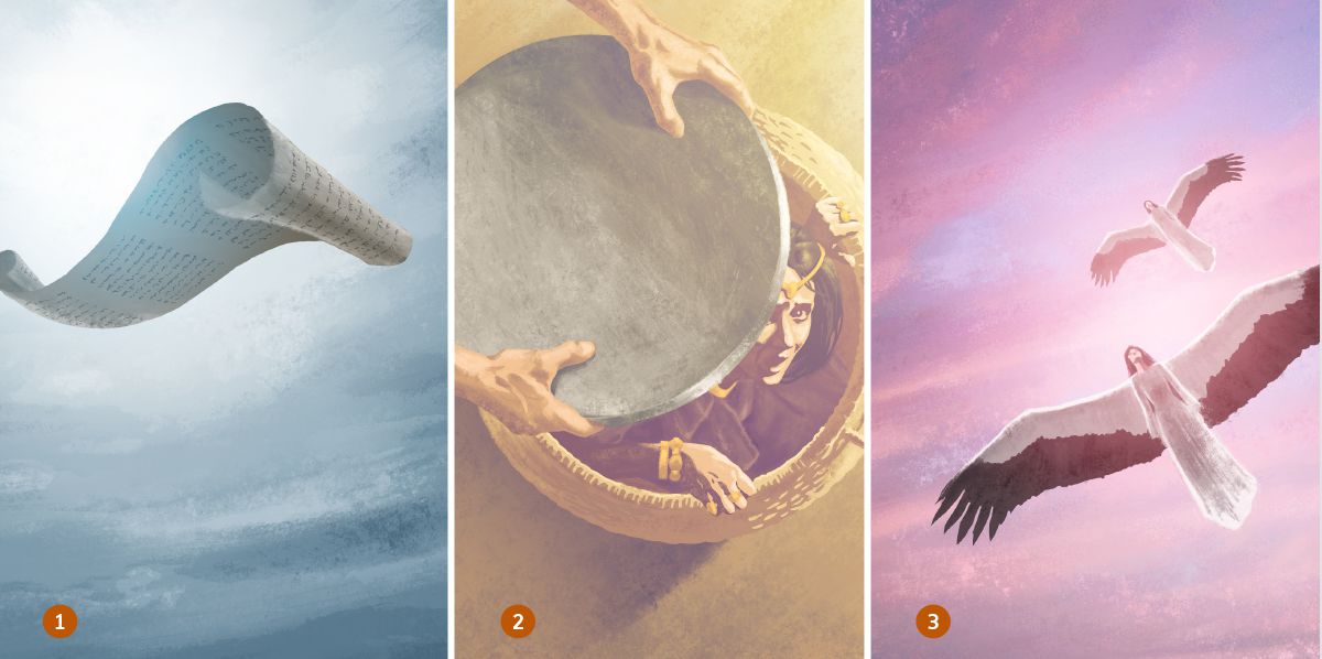 A flying scroll; a woman inside a container; two women soaring with wings like those of storks