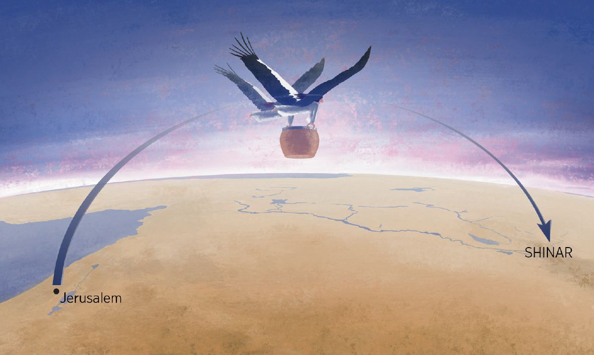 Two women with strong wings like a stork lift up the container containing “Wickedness” and take it to Shinar