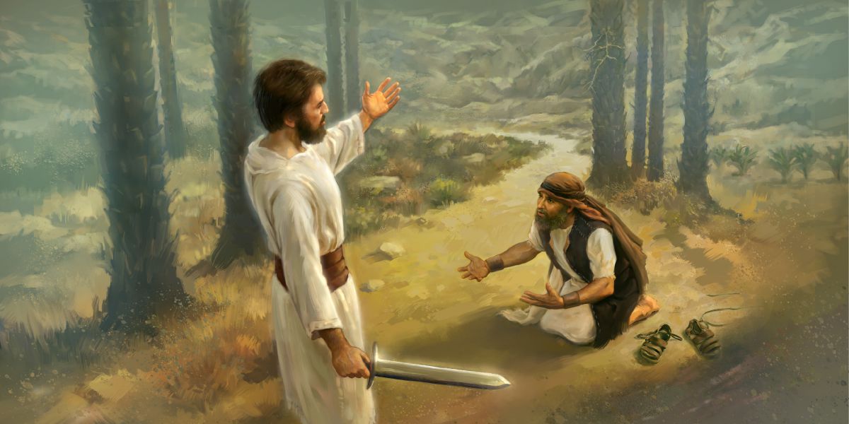 Joshua falls to the ground when he meets the chief of Jehovah’s army