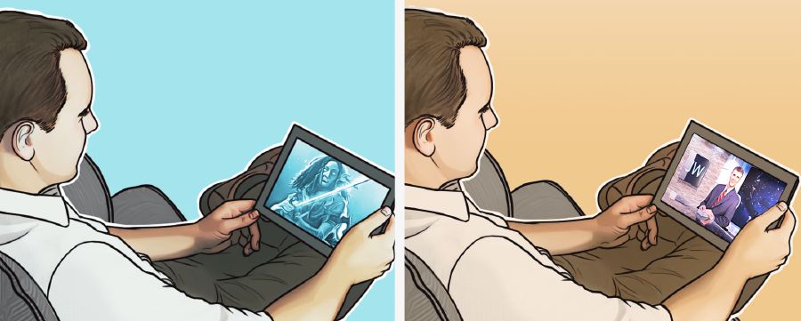 A brother looks at a questionable program on his electronic device; a brother watches a program on JW Broadcasting