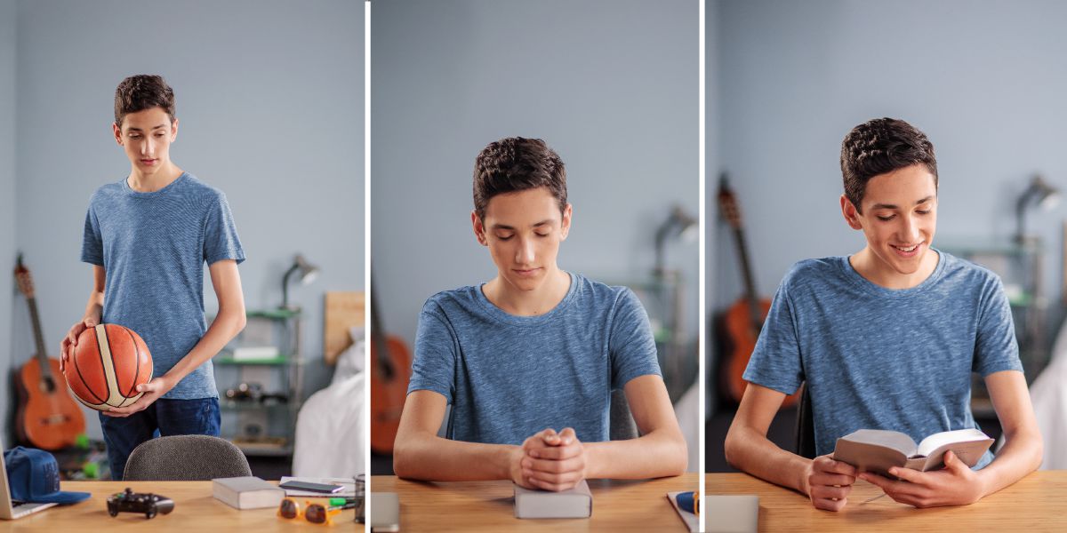 Rather than playing ball, a young man prays and reads the Bible