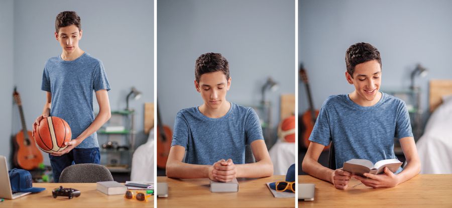Rather than playing ball, a young man prays and reads the Bible