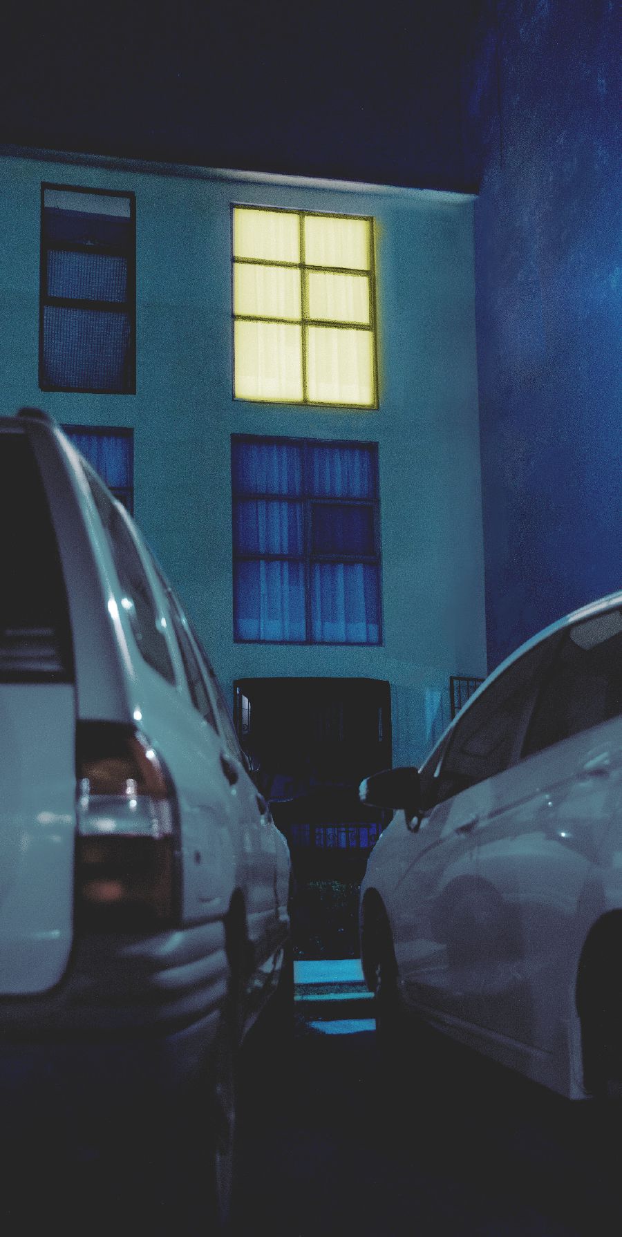 Two cars parked outside a residence at night