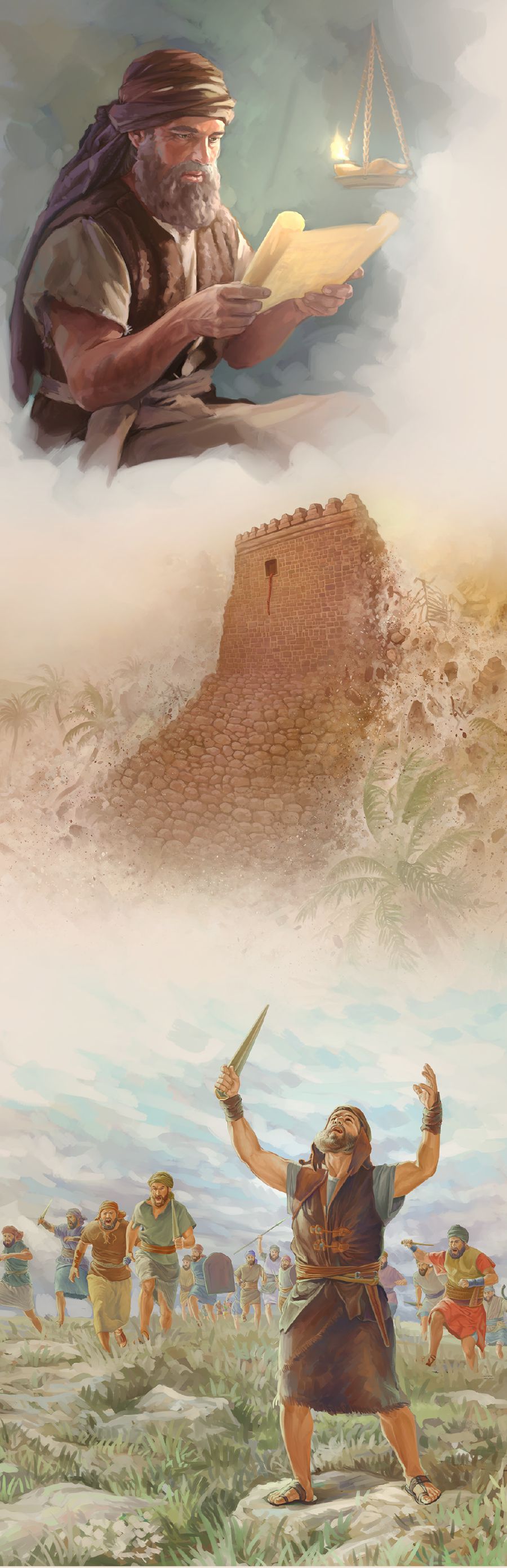 Joshua reads the Law; the walls of Jericho fall and Rahab’s house remains standing; Joshua raises his hands heavenward in prayer