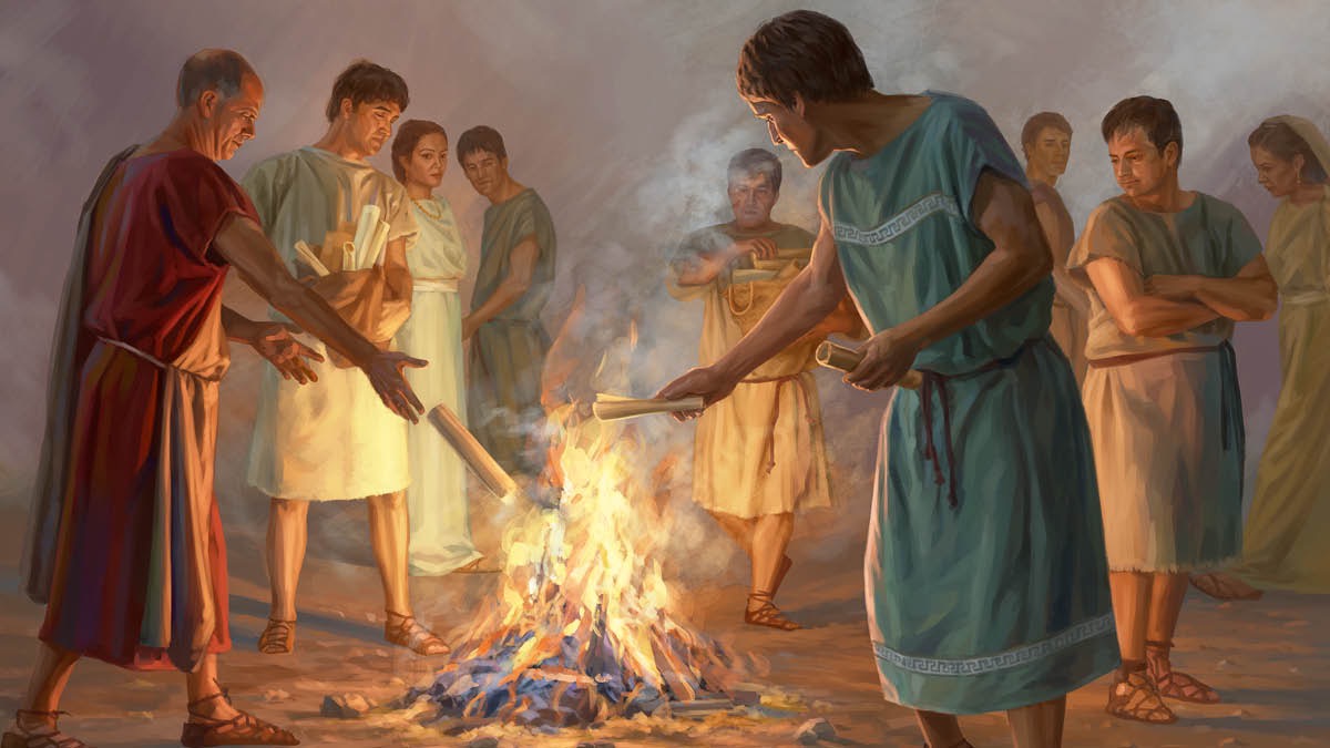 Early Christians bring their books about magical arts together and burn them