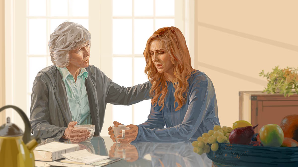 A mature sister comforts a sister who is suffering emotional pain