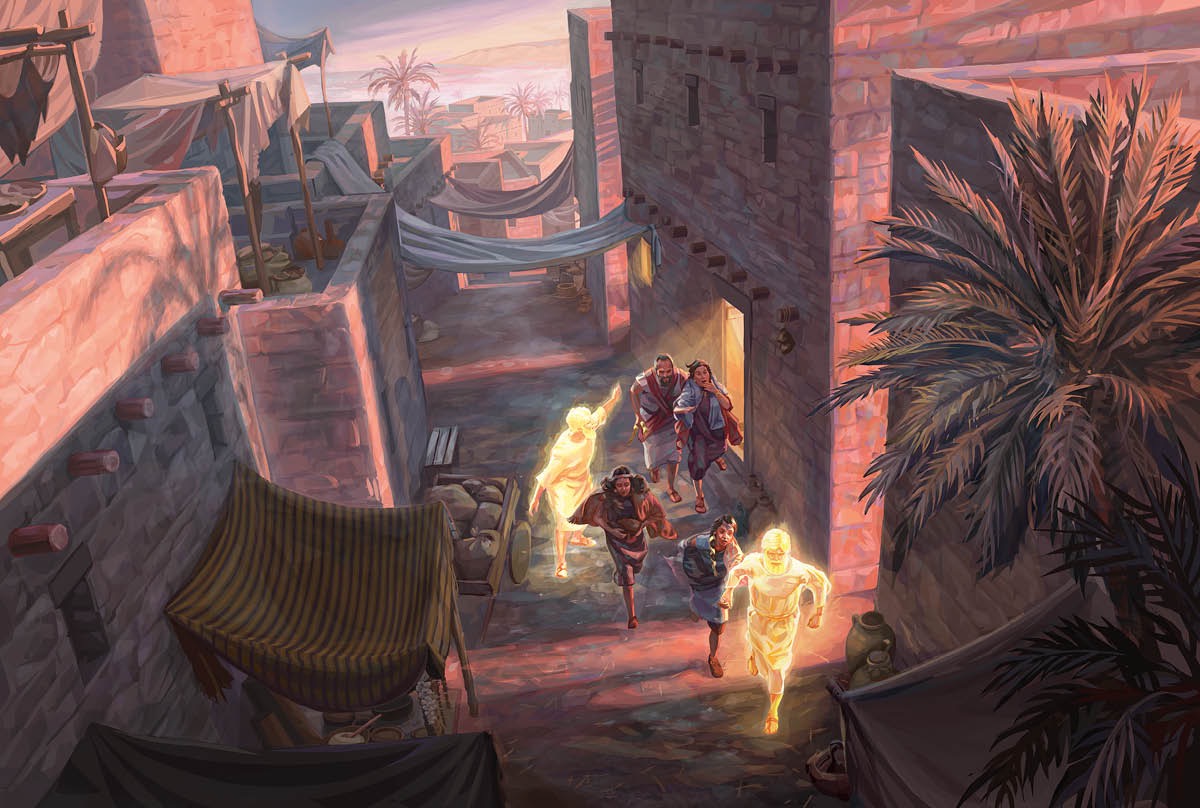 Angels lead Lot and his family out of Sodom