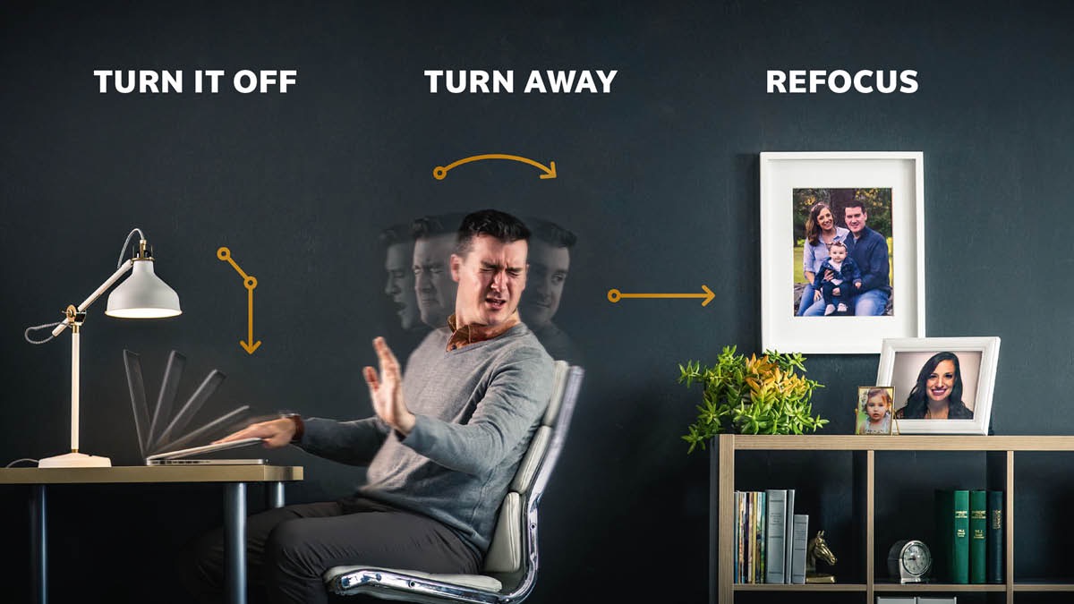 A brother turns off his electronic device, turns away from it, and focuses on pictures of his wife and child