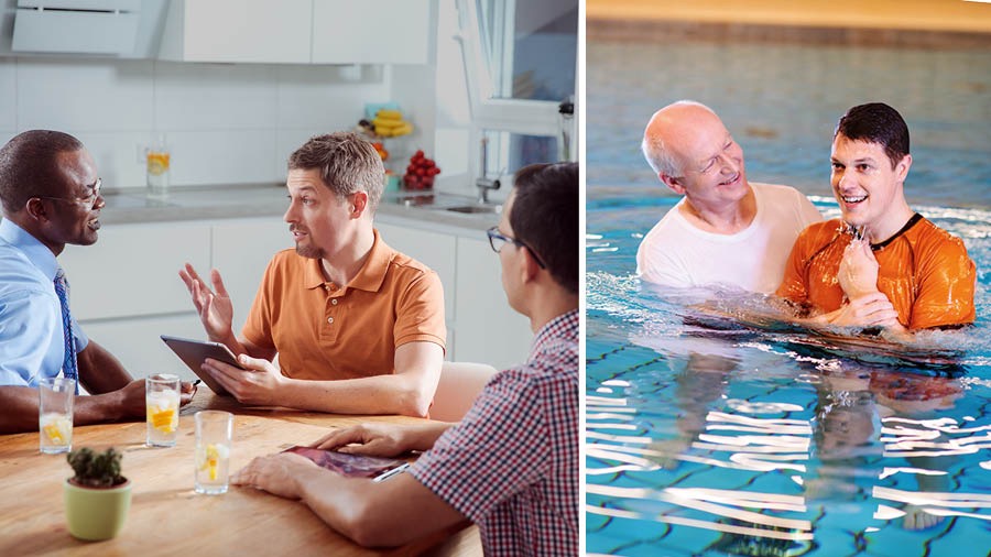 The same man accepts a Bible study; the man gets baptized