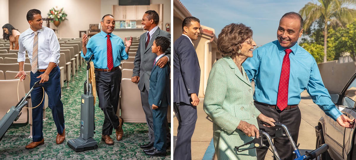 During Kingdom Hall cleaning, a brother is irritated when another brother stops work to talk with a brother and his son; later he observes the same brother assist an elderly sister