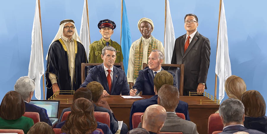 A group of world leaders prepare to sign a document