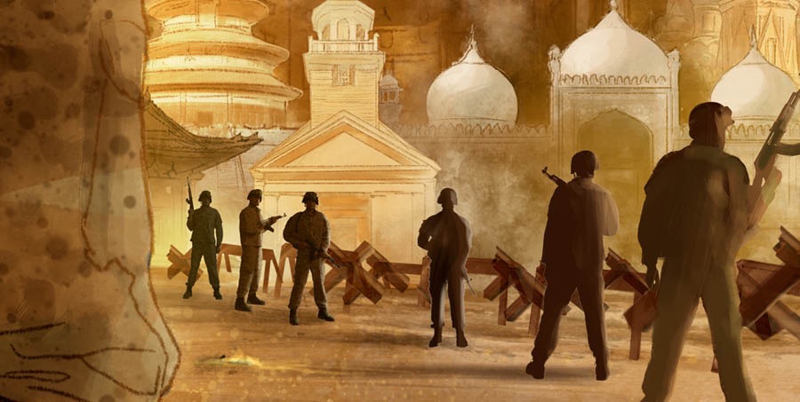 Armed troops destroy religious buildings