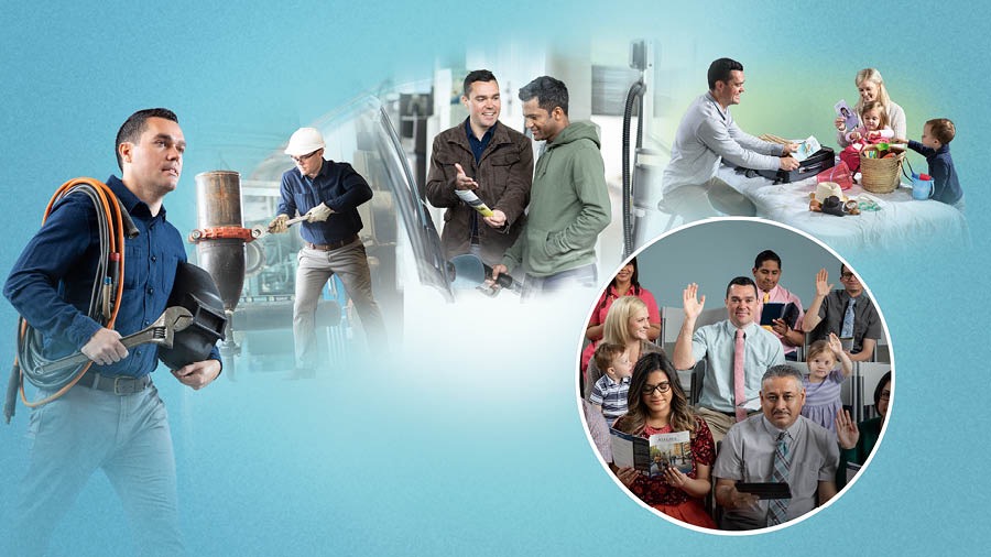 A father works hard at his secular employment, witnesses to a man on the job, helps his wife put tracts in their luggage, and attends a congregation meeting with his wife and children while on vacation