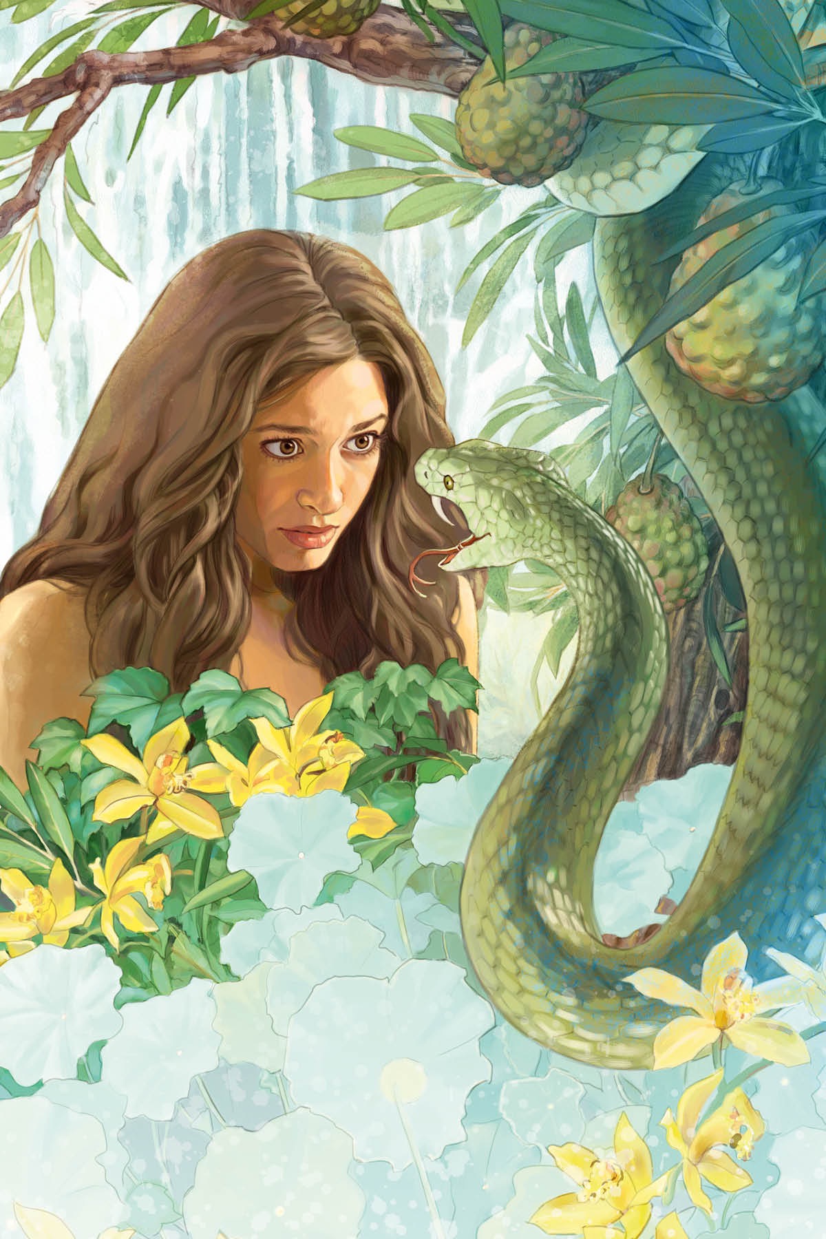 Eve is tempted by Satan, who speaks through a serpent