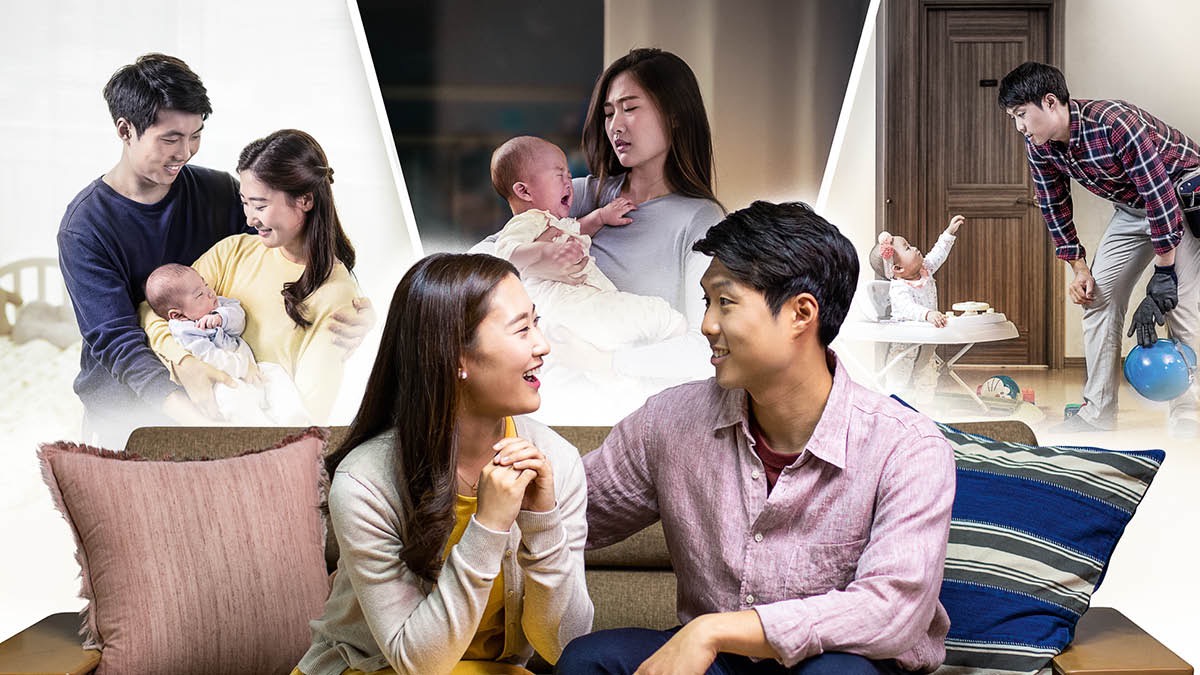 A couple discuss whether they will have children. Behind them, a collage depicts them happily holding their infant, the young mother distraught when the baby cries, and the father in his work clothes talking to his baby
