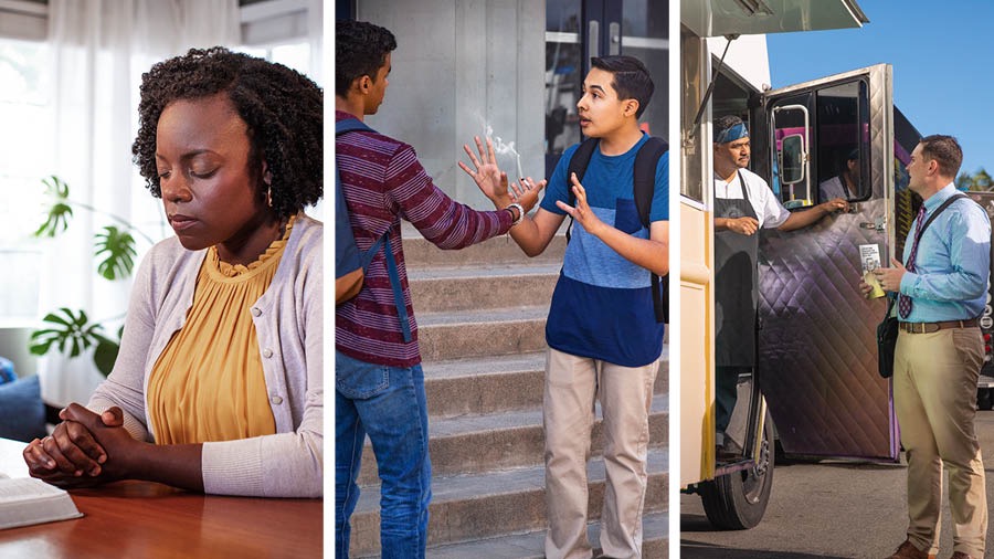 Collage: 1. A sister sitting at a table with an open Bible as she prays. 2. A young brother rejecting a cigarette that is offered by a schoolmate. 3. A brother showing a tract to a cook in a food truck.