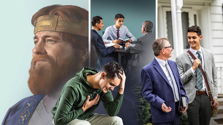 Collage: 1. King David smiling and at peace. 2. A young brother crying and deeply pained. 3. The same young brother receiving counsel from two elders. 4. The young brother working happily in the field ministry with one of the elders.
