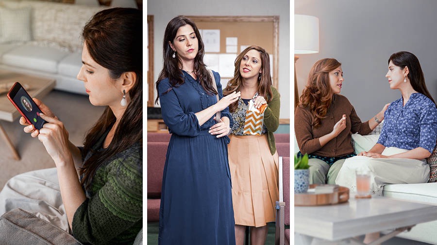 Collage: A sister trying repeatedly to show love to a friend whom she has offended. 1. The offended sister refusing to accept a phone call from her friend. 2. The offended sister refusing a gift from her friend. 3. The offended sister listening as her friend reassures her of her love.