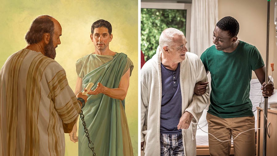 Collage: Trustworthy friends help others who are struggling. 1. The imprisoned apostle Paul handing Tychicus a letter. 2. A young brother assisting an older brother who is in the hospital.