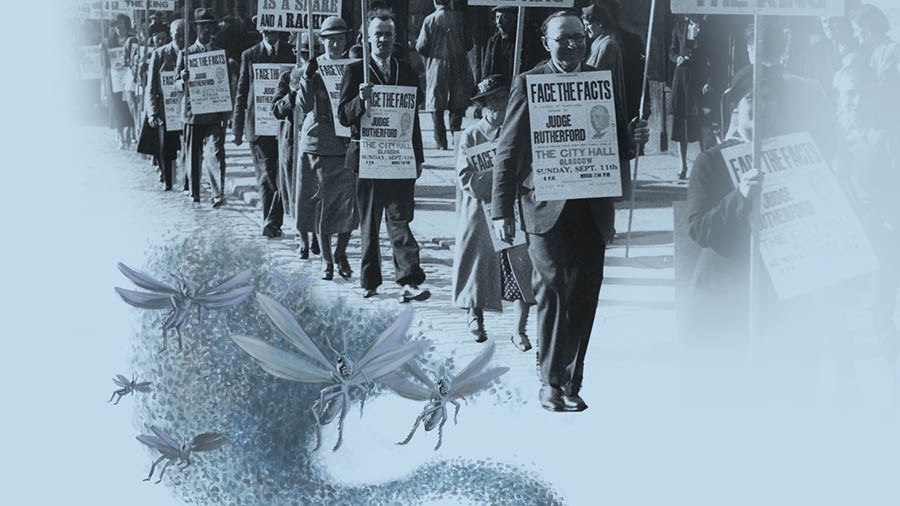 Brothers and sisters preaching with signs and placards. A swarm of locusts below them.