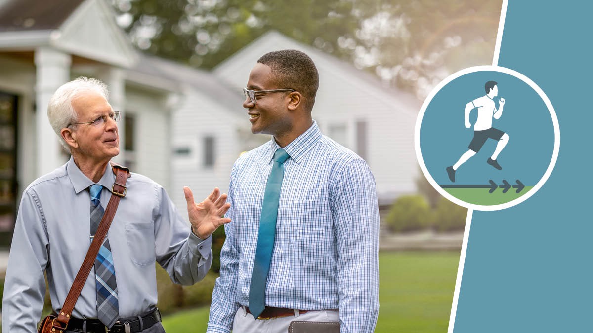 An icon of a runner moving forward, next to an older brother having an enjoyable conversation with a younger brother while they work in the ministry.