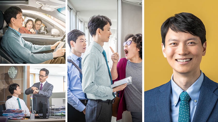 Collage: A brother displaying mildness in challenging situations. 1. He is driving a car while a couple in the car next to him insult him. 2. He is being pressured by his boss to work overtime. 3. While in the ministry, he is remaining composed while a householder yells and points her finger at him. 4. He is smiling and is at peace.
