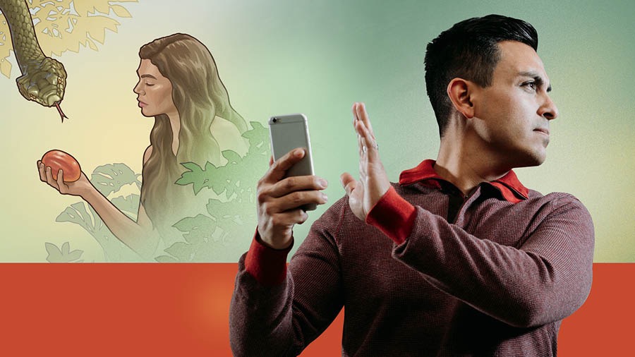 Collage: 1. Eve staring at the forbidden fruit in her hand as the serpent watches her. 2. A man holding up his hand and looking away from his mobile device.