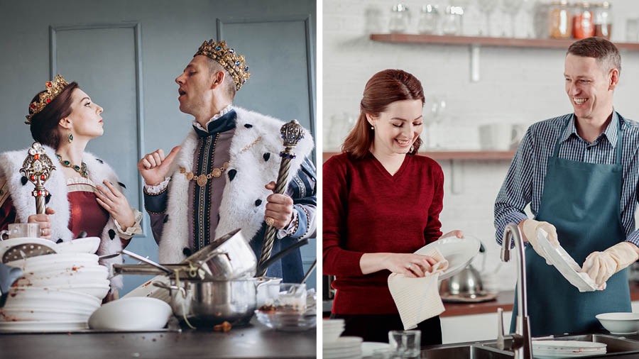 Collage: 1. A couple dressed as a king and a queen, arguing over who should do the dirty dishes that are piled up in front of them. 2. Same couple dressed in normal attire, smiling as they wash the dishes together.