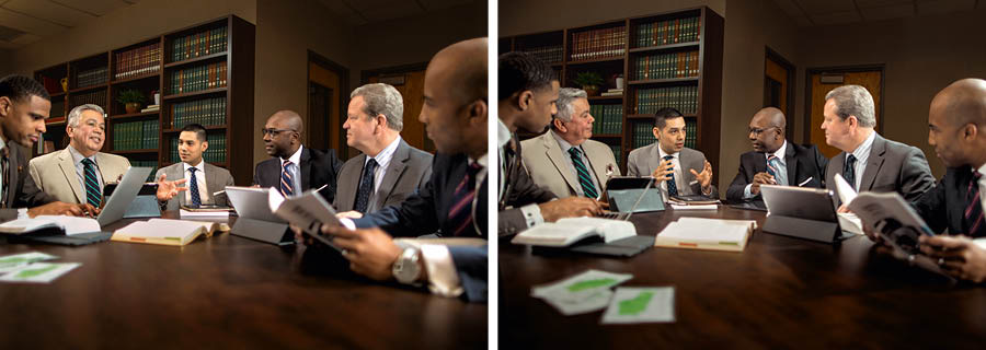 Collage: Congregation elders meeting together. 1. An older elder speaks while the other elders listen. 2. At the same meeting, a younger elder speaks while the other elders listen.