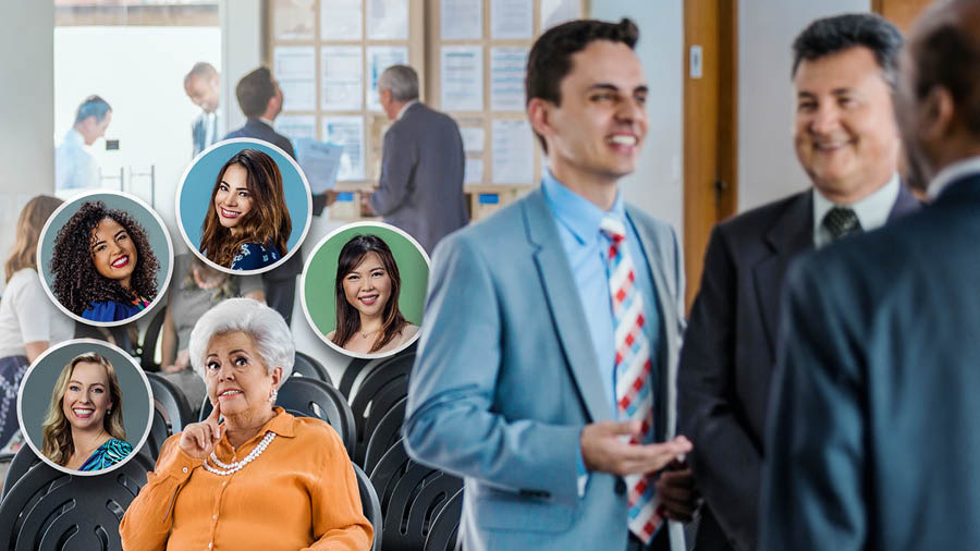 An older sister sitting in a Kingdom Hall. In front of her, a single brother and two other brothers have a conversation. She thinks of four single sisters whom she can pair as a mate for the single brother.