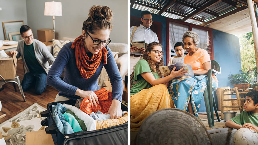 Collage: A couple simplifying their life to serve where there is a need. 1. The couple pack their belongings into boxes and a suitcase. 2. The same couple, now serving in a foreign land, work in the field ministry. The wife discusses a brochure with a woman.
