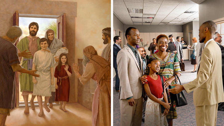 Collage: 1. Joseph, Mary, and their children arrive at a synagogue. Other Israelites greet them. 2. Parents and their daughter arrive at a Kingdom Hall. A brother greets them.
