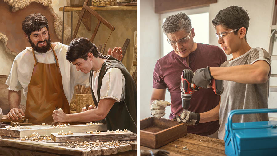 Collage: 1. Joseph teaches Jesus how to use a carpentry tool. 2. A father teaches his son how to use a drill.