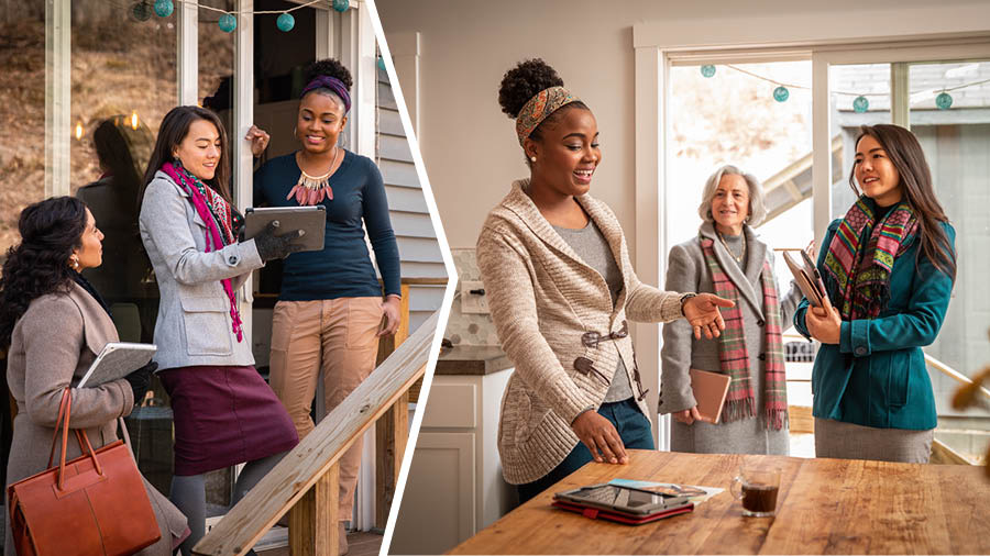Collage: 1. A sister conducts a doorstep Bible study with a woman. 2. On a different day, the sister is invited inside the woman’s home to study.
