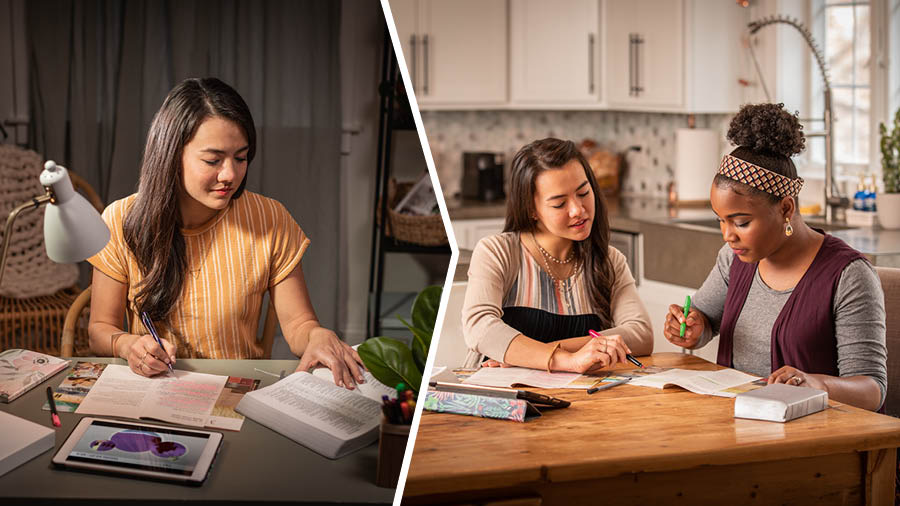Collage: 1. The sister prepares the study lesson in advance. 2. Later, the sister helps the student identify which points to highlight in her publication.