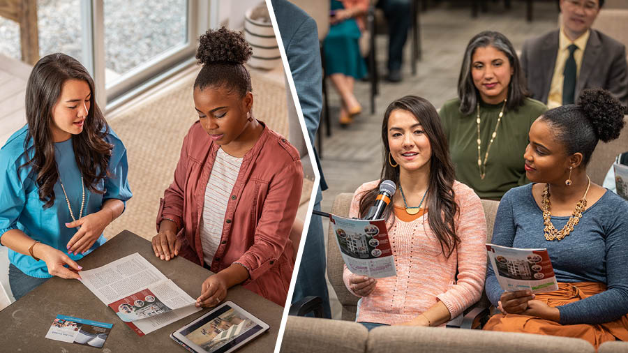 Collage: 1. The sister uses a ‘Watchtower,’ a video, and a meeting invitation to explain to the student how our meetings are conducted. 2. The sister comments during the ‘Watchtower’ Study. Her student sits next to her and observes intently.