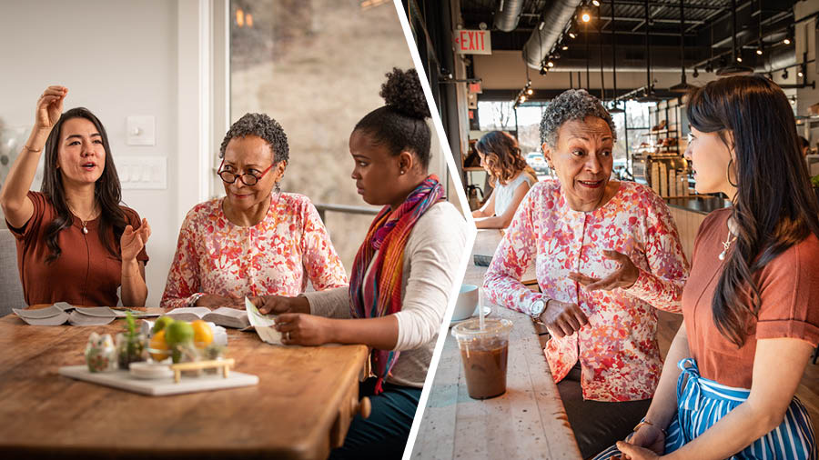 Collage: 1. The sister featured in the previous article conducts a Bible study with her student. She makes large gestures and her Bible is facedown on the table. An older sister sits in, and both she and the student look confused. 2. Later, at a café, the sister listens as the experienced teacher offers suggestions on how she can improve her teaching.