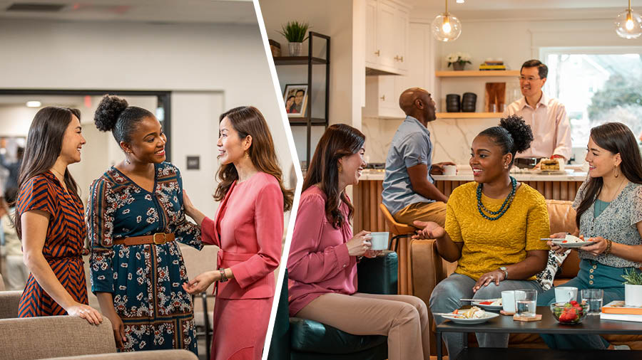 Collage: 1. The sister introduces her Bible student to a sister at the Kingdom Hall. 2. The sister, her student, and her student’s husband enjoy association at the home of the sister she met earlier at the Kingdom Hall.