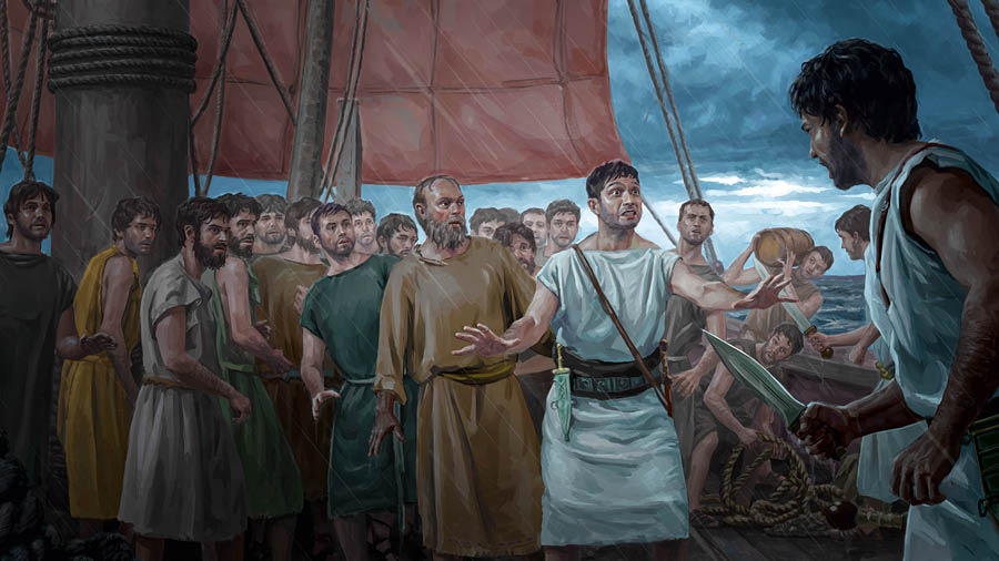 Paul and other prisoners standing on the deck of a ship. A Roman army officer protects them from another soldier who is wielding a dagger.