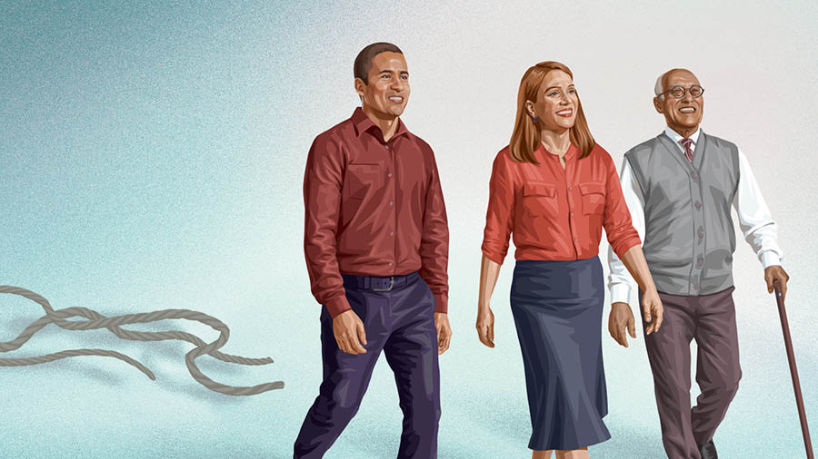 The older brother, sister, and young brother shown earlier walking and smiling confidently after leaving their ropes behind them.