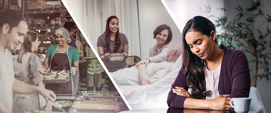 Collage: 1. A sister sits at a table and prays. 2. The sister serves meals at a theocratic construction project. 3. The sister visits and brings food to a couple at a hospital. The wife is comforting her husband, who is lying in a hospital bed.