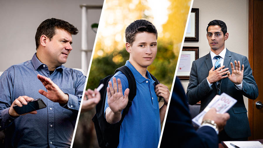 Collage: 1. A brother turns away and refuses to look at the screen of his smartphone. 2. A young brother turns down a cigarette that someone offers him. 3. A brother refuses a bribe.