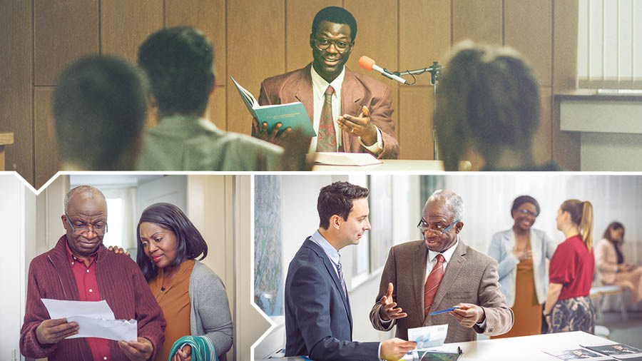 Collage: 1. A young circuit overseer teaches Pioneer Service School. 2. The circuit overseer and his wife, now older, read a letter of reassignment. 3. The former circuit overseer trains a younger brother in the congregation while his wife encourages a younger sister.